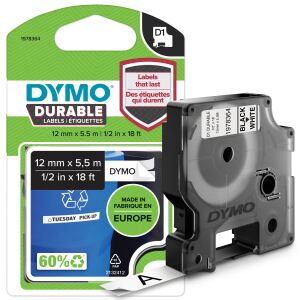 DYMO Original D1 Hochleistungs-Etikettenband | schwarz auf weiß | 12 mm x 5,5 m | permanent haftendes Vinyl- Schriftband | für LabelManager-Beschriftungsgerät