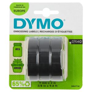 DYMO Original Prägeband | 3D weiß auf schwarz | 9 mm x 3 m | selbstklebendes Kunststoff Etikettenband | für Junior & Omega Beschriftungsgerät | 3 Prägebänder