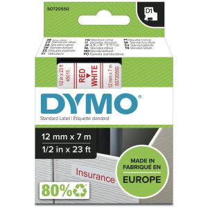 DYMO Original D1-Etikettenband | rot auf weiß | 12 mm x 7 m | selbstklebendes Schriftband | für LabelManager-Beschriftungsgerät