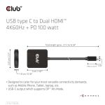 CLUB3D USB-C® Hub to Dual HDMI™ 4K60Hz M/F+PD3.0 100 Watt