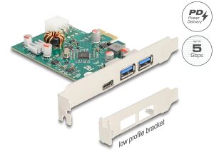 DeLOCK PCI Express x1 Karte zu 1 x extern USB Type-C Buchse PD 30 W + 2 x extern USB Typ-A Buchse USB 5 Gbps