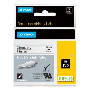 DYMO Rhino Industrie Schrumpfschlauch-Kabeletiketten | 24 mm x 1,5 m | schwarze Schrift auf weißem Untergrund | selbstklebend