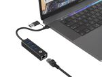 Conceptronic DONN07BA USB zu Gigabit-Netzwerkadapter mit 3-Port-USB-Hub, USB-A x 3, Wake-on-LAN, 2-in-1 USB-C USB-A Cable
