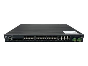 LevelOne 28-Port Managed Gigabit Industrial Glasfaser Switch der L2-Plus-Klasse mit 16 SFP-Anschlüssen für 1 Gigabit/s, Ist kompatibel mit 8 x Gigabit SFP/RJ45 Combo und 4 x 1/2.5GbE SFP, Redundantes Netzteil, -40°C bis 80°C