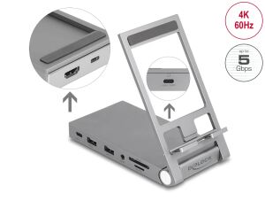 DeLOCK Tablet und Notebook Dockingstation 4K mit integrierter Halterung - HDMI / USB / Hub / SD / Micro SD / PD 3.0 - klappbar