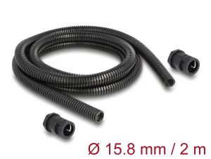 DeLOCK Kabelschutzschlauch 2 m x 15,8 mm mit 2 x PG11 Schlauchverschraubung Set schwarz