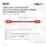 CLUB3D USB2 Typ-C Bi-Direktionales USB-IF zertifiziertes Kabel 480Mb, PD 240W(48V/5A) EPR St./St. 3m
