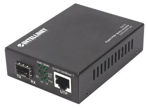 Intellinet Gigabit PoE+ Medienkonverter, 1000Base-T RJ45-Port auf SFP-Port, PoE+ Injektor