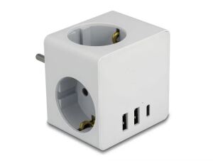 DeLOCK Steckdosenwürfel 3-fach mit Kindersicherung und USB Ladegerät weiß