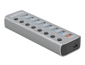 DeLOCK USB 5 Gbps Hub mit 7 Ports + 1 Schnellladeport + 1 USB-C PD 3.0 Port mit Schalter und Beleuchtung