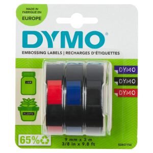DYMO Original Prägeband | 3D schwarz | blaurot und schwarz | 9 mm x 3 m | selbstklebendes Kunststoff Etikettenband | für Junior & Omega Beschriftungsgerät | 3 Stück