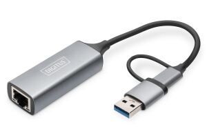 Digitus USB Typ-C™ Gigabit Ethernet Adapter 2.5G, USB-C™ + USB A (USB3.1/3.0)