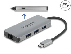 DELOCK HUB USB 3.2Gen1 4Port 3xTyp-A 1xTyp-C Bu Giga LAN PD