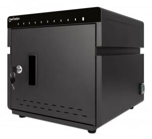 Manhattan 10-Port Ladeschrank 180 W, 10 USB-C PD-Ports, geräumige Fächer für Handys und Tablets, 180 W gesamt, bis zu 3 A/18 W pro Port, abschließbar, Überspannungsschutz, leiser Lüfter, Metallgehäuse, schwarz