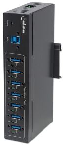 Manhattan 7-Port USB 3.0 Hub für Industrieanwendungen, Sieben USB 3.0 Typ A-Ports, 20 kV ESD-Schutz, Stromversorgung per Blockklemmen, Netzteil oder USB, DIN-Hutschiene, USB-Kabel mit Schrauben fixierbar