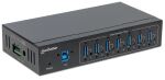 Manhattan 7-Port USB 3.0 Hub für Industrieanwendungen, Sieben USB 3.0 Typ A-Ports, 20 kV ESD-Schutz, Stromversorgung per Blockklemmen, Netzteil oder USB, DIN-Hutschiene, USB-Kabel mit Schrauben fixierbar