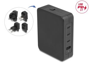 DELOCK USB GaN Ladegerät 3xUSB Type-C PD 3.1 u. 1xUSB Typ A