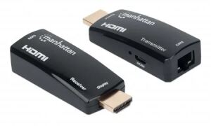 Manhattan 1080p HDMI over Ethernet Extender Kit in kompaktem Format, HDMI-Signalverlängerung mit 1080p@60Hz bis zu 60 m über ein einzelnes Cat6-Netzwerkkabel, Sender- und Empfängermodul, Power over Cable, ultrakompaktes Format, schwarz