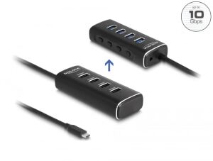 DeLOCK 4 Port USB 10 Gbps Hub mit USB Type-C Anschluss 60 cm Kabel und Schalter für jeden Port