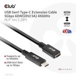 CLUB3D USB Gen1 Type-C Extension Cable 5Gbps 60W(20V/3A) 4K60Hz M/F 1m/3.28ft