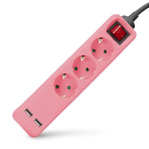 Entac Steckdosenleiste 3fach 2x USB-A, 1,5m pink