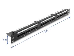 DeLOCK 19″ 1 HE Patchpanel 24 Port Cat.6 mit LED und Entlastungsschiene ungeschirmt schwarz