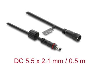 DeLOCK DC Verlängerungskabel 5,5 x 2,1 mm Stecker zu Buchse mit Schraubverschluss M12 x 1,75 mm Gewinde wasserfest 18 AWG, 0,5 m schwarz
