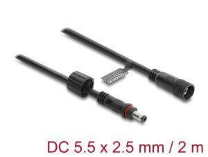 DeLOCK DC Verlängerungskabel 5,5 x 2,5 mm Stecker zu Buchse mit Schraubverschluss M12 x 1,75 mm Gewinde wasserfest 18 AWG, 2 m schwarz