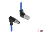 DeLOCK M12 Kabel X-kodiert 8 Pin Stecker nach unten gewinkelt zu RJ45 Stecker nach oben gewinkelt S/FTP geschirmt 2 m blau
