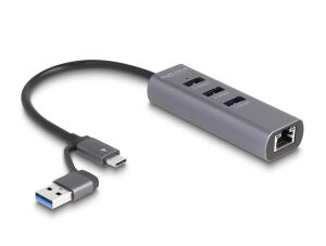 DeLOCK 3 Port USB 5 Gbps Hub + Gigabit LAN mit USB Type-C oder USB Typ-A Anschluss im Metallgehäuse