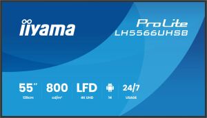 iiyama LH5566UHSB-B1AG Signage-Display Digital Signage Flachbildschirm 139,7 cm (55") LCD WLAN 800 cd/m² 4K Ultra HD Schwarz Eingebauter Prozessor Android 24/7