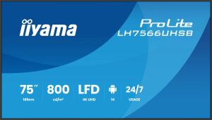 iiyama LH7566UHSB-B1AG Signage-Display Digital Signage Flachbildschirm 190,5 cm (75") LCD WLAN 800 cd/m² 4K Ultra HD Schwarz Eingebauter Prozessor Android 24/7