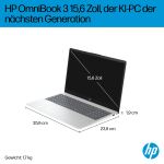 HP OmniBook 3 NGAI 15-fn0523ng Copilot+ PC AMD Ryzen AI 5 330 Laptop 39,6 cm (15.6") Full HD 16 GB DDR5-SDRAM 512 GB SSD Wi-Fi 6 (802.11ax) Windows 11 Home Silber