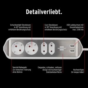 Brennenstuhl estilo Ecksteckdosenl.+ USB 4-fach silber/weiß