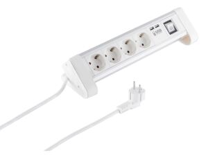 Tischsteckdosenleiste 4-fach mit Schalter und 2x USB Ladefunktion Alu weiß