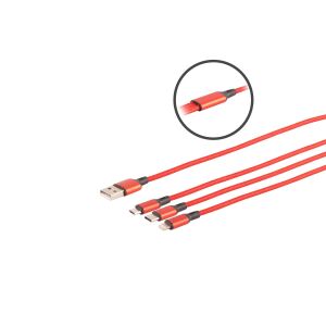 USB-A Ladekabel, 3-fach, Alu, rot, 1,2m