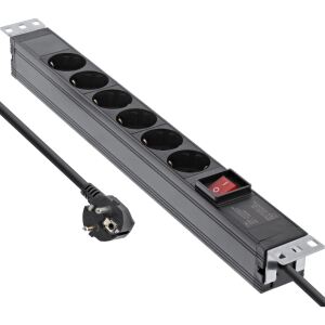 InLine 19" Steckdosenleiste, 6-fach Schutzkontakt, mit Schalter, 2m, schwarz