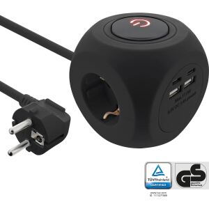 InLine Charging Cube, 3x Schutzkontakt, 2x USB-C, 2x USB-A, schwarz, 2m