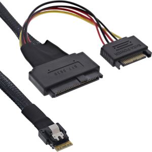 InLine Slim SAS Kabel, SFF-8654 zu U.2 SFF-8639 + SATA Strom, 24Gb/s, 0,5m