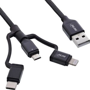 InLine 3-in1 USB Kabel, Micro-USB/Lightning/USB-C, schwarz/Alu, 1,5m MFi