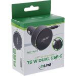 InLine Dual USB-C KFZ Stromadapter 12/24V, ausziehbares Kabel + Buchse, 75W