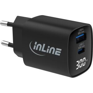 InLine USB PD Netzteil, GaN Ladegerät, QC, USB-C + USB-A, 30W, mit Display