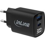 InLine USB PD Netzteil, GaN Ladegerät, QC, USB-C + USB-A, 30W, mit Display