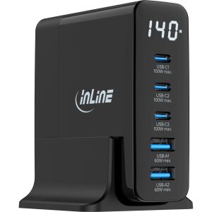 InLine USB PD Netzteil, GaN Ladegerät, 5-Port, USB-C + USB-A, 140W, mit Display