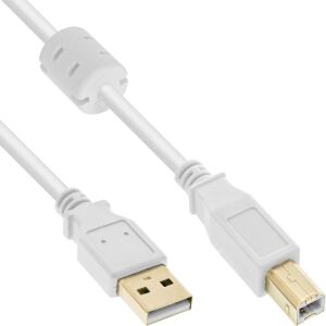 InLine USB 2.0 Kabel, A an B, weiß / gold, mit Ferritkern, 2m