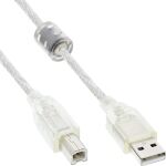 InLine USB 2.0 Kabel, A an B, transparent, mit Ferritkern, 3m