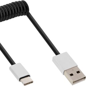 InLine USB 2.0 Spiralkabel, USB-C ST an A ST, schwarz/Alu, flexibel, 2m