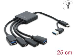 Delock 4 Port USB 5 Gbps Kabel-Hub mit USB Type-C™ oder USB Typ-A Stecker zu 2 x USB Typ-A Buchse + 2 x USB Type-C™ Buchse - 25 cm