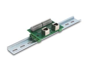 Delock RJ45 2 x Buchse zu 2 x Terminalblock mit Drucktaster für Hutschiene gewinkelt