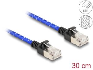 Delock RJ45 Netzwerkkabel mit Geflechtmantel Cat.6A U/FTP Slim 0,3 m blau